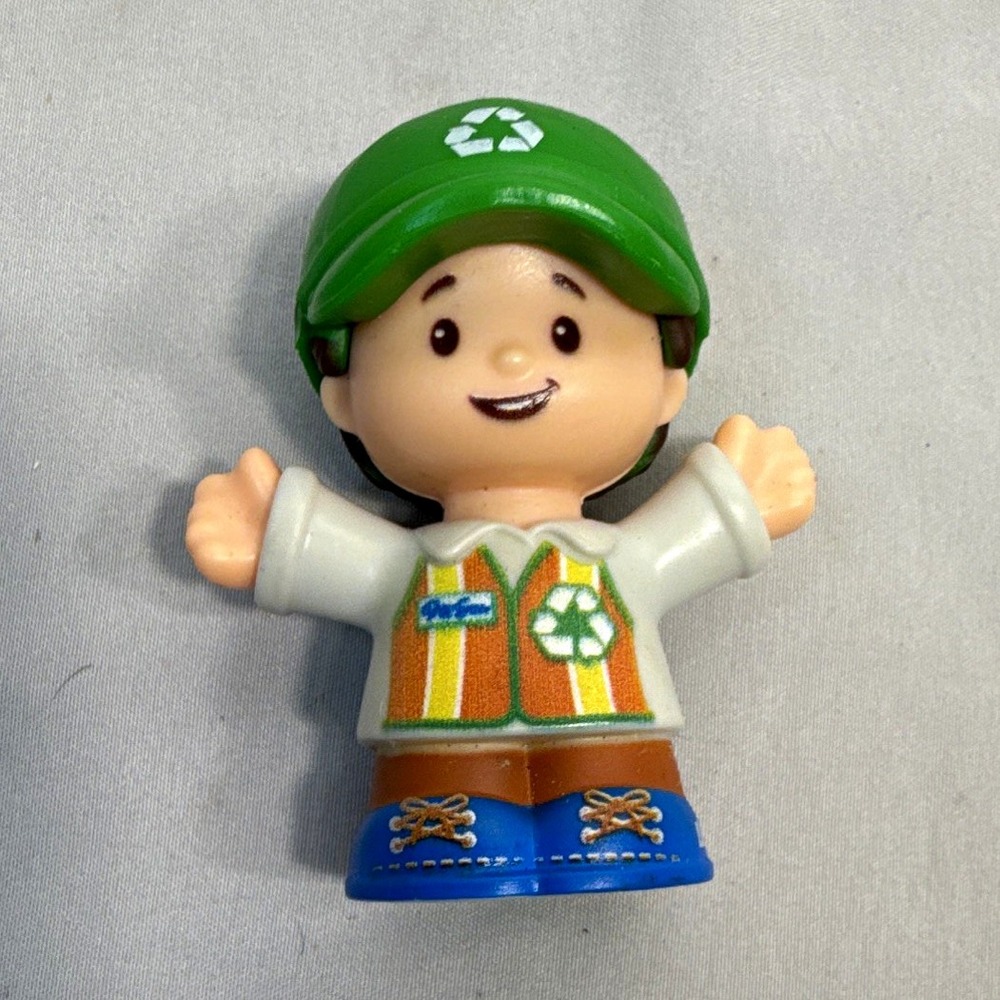 Fisher-Price Little People Boy Figure Green Recycling Hat Orange Vest